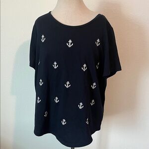 ANTHROPOLOGIE Lili’s Closet Blue Anchor Embroidered T-Shirt